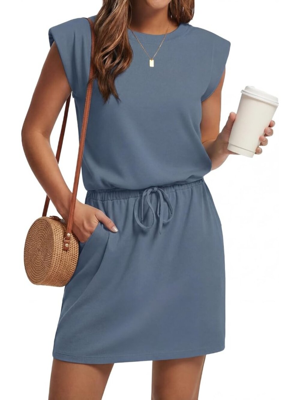 Women's Blue Casual Cap Sleeve Crew Neck Drawstring Waist Mini Beach Dress
